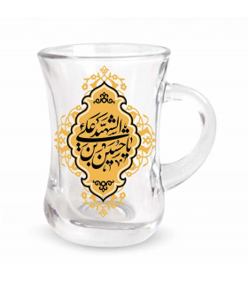 استکان کمر باریک دسته دار محرم یا حسین ابن علی الشهیدة شش عددی زمینه طلایی کد 2331