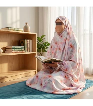 چادر نماز آستین دار زنانه رنگ ملیح صورتی با گلهای درشت